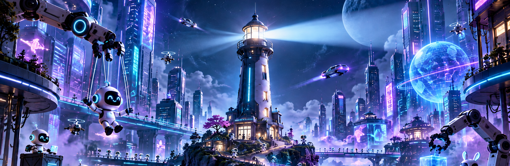 A luminous lighthouse guides a futuristic city of friendly little robots, with neon bridges and robotic arms coordinating their work.